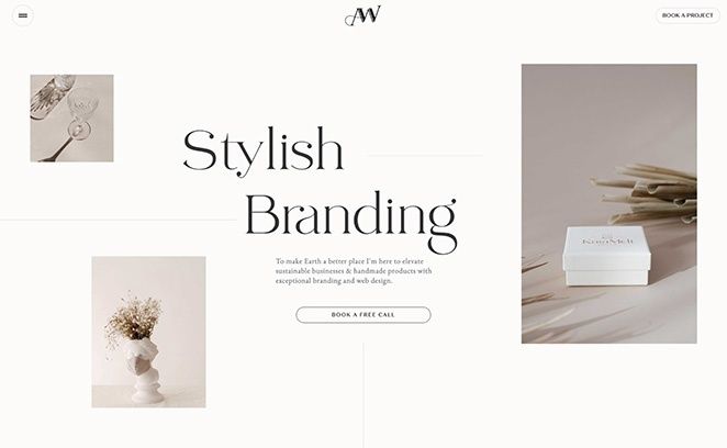 Minimalistische webpagina met grote elegante typografie en zachte productbeelden